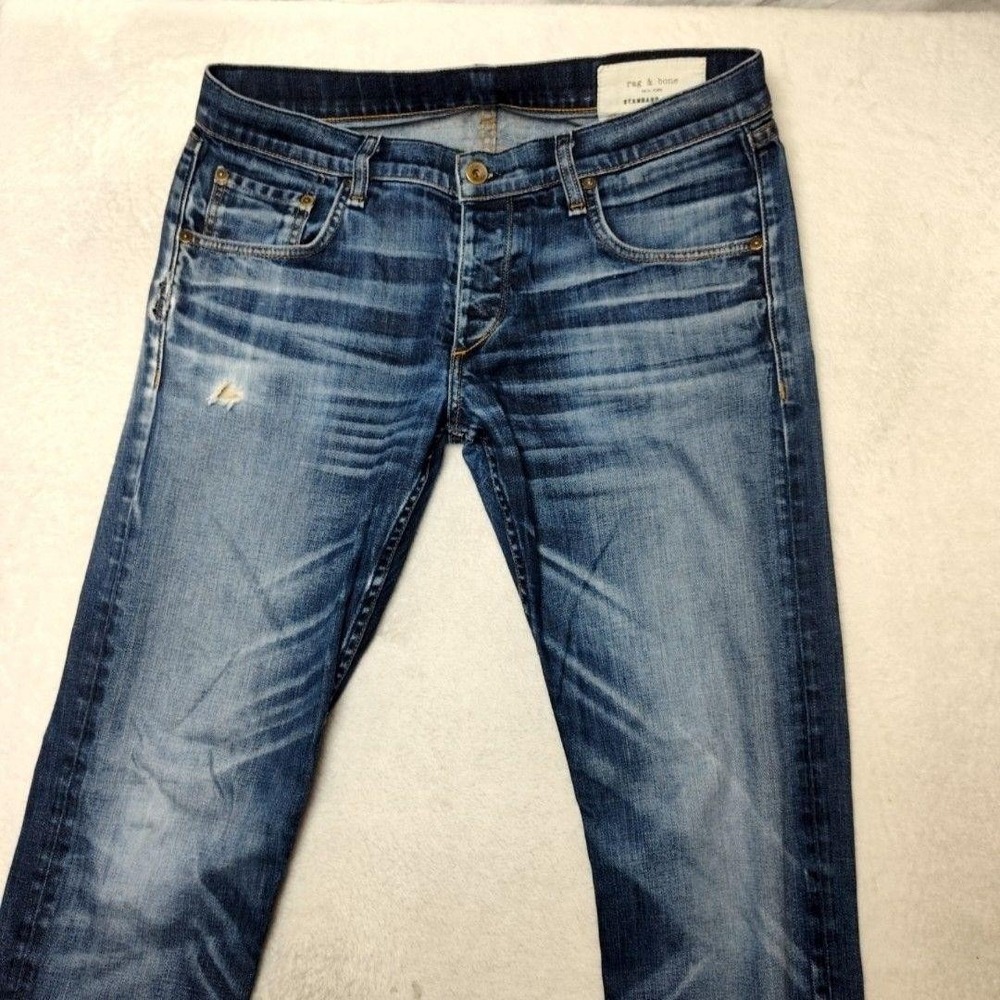 Rag & Bone Jeans Mens 32x34 Blue Slim Tapered Standard Distressed 5-Pocket HOLE - Picture 2 of 16